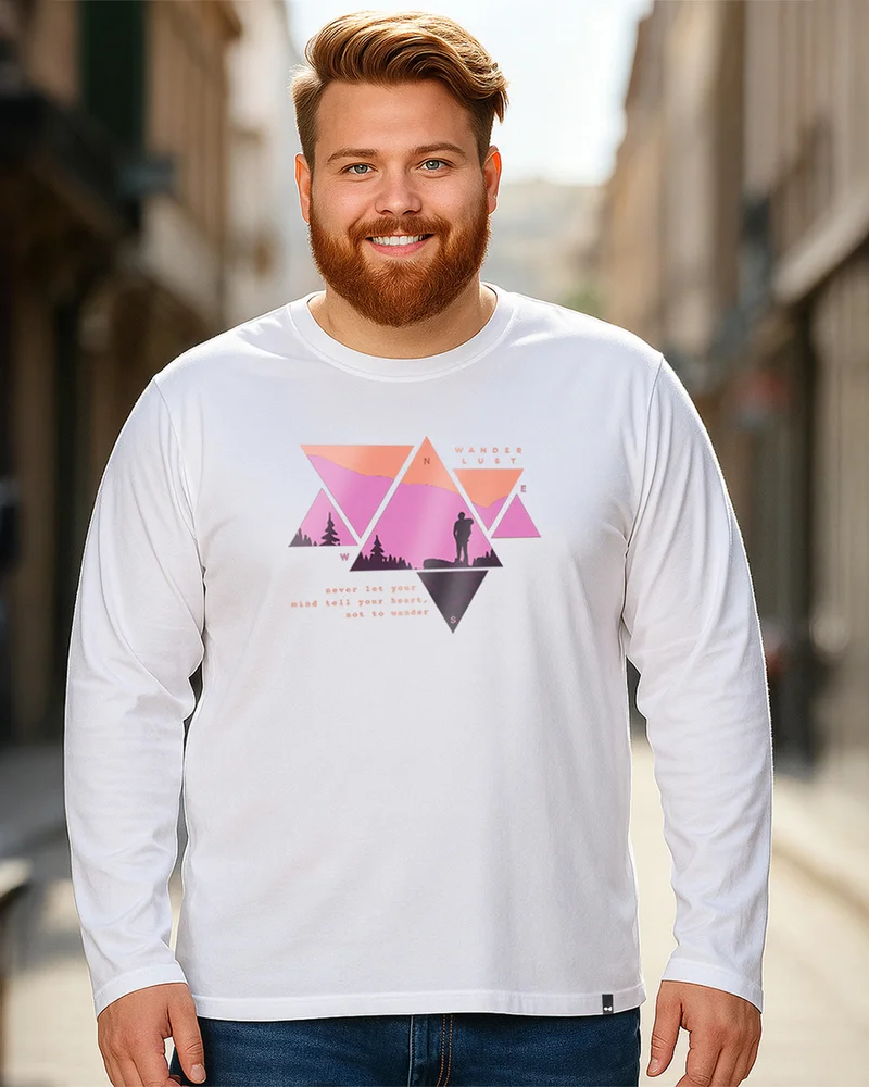 بيواكوف Men's White Wander Geometry Graphic Printed Plus Size T-shirt