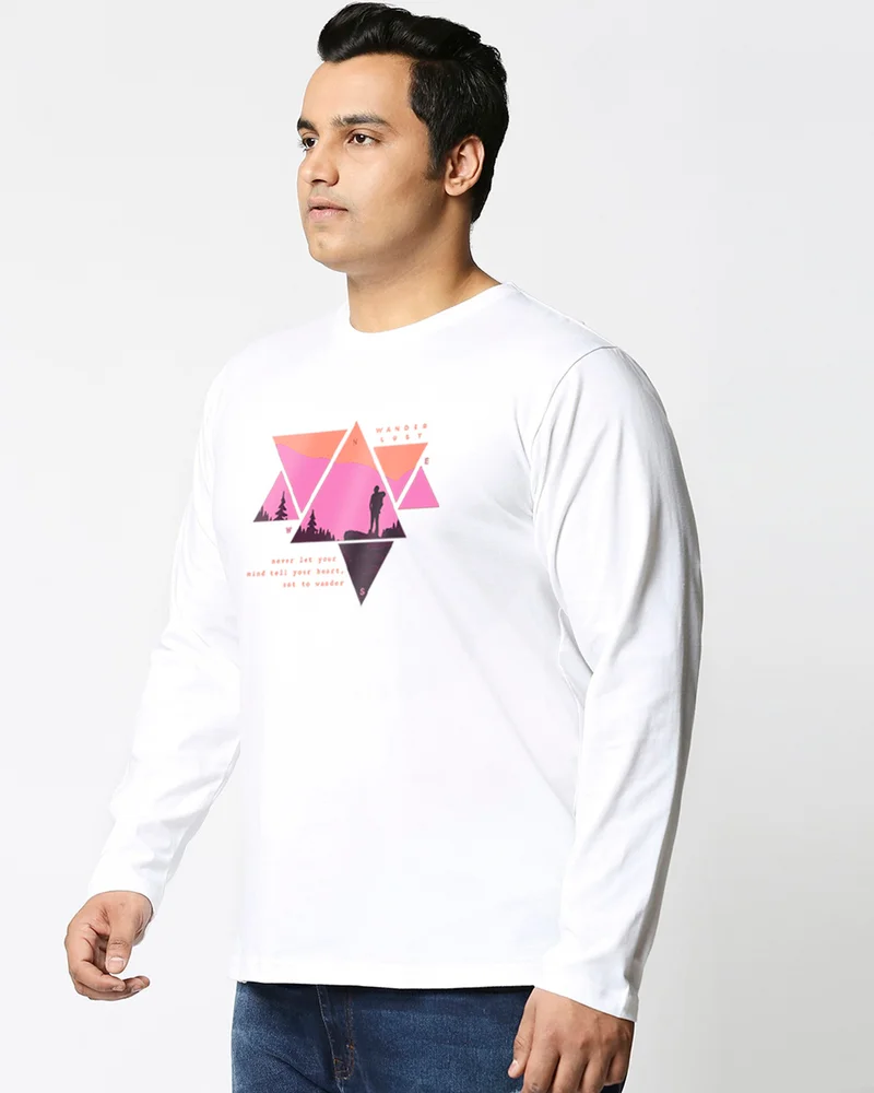 بيواكوف Men's White Wander Geometry Graphic Printed Plus Size T-shirt