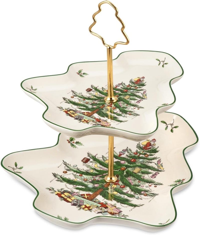 Spode Christmas Tree 2-Tiered Server, Tree-Shaped - Holiday Cupcake Stand, Dessert Display Set, Porcelain Serving Platter, 10" & 8" Plates, Dishwasher Safe Serveware for Appetizers, Desserts, Cookies - Image 1