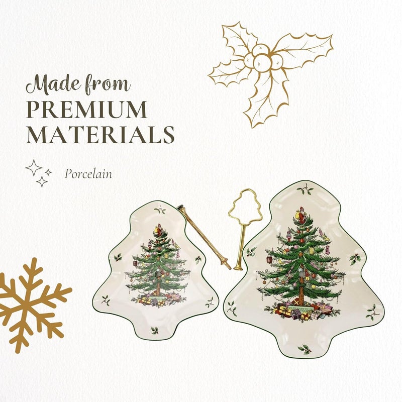 Spode Christmas Tree 2-Tiered Server, Tree-Shaped - Holiday Cupcake Stand, Dessert Display Set, Porcelain Serving Platter, 10" & 8" Plates, Dishwasher Safe Serveware for Appetizers, Desserts, Cookies - Image 4