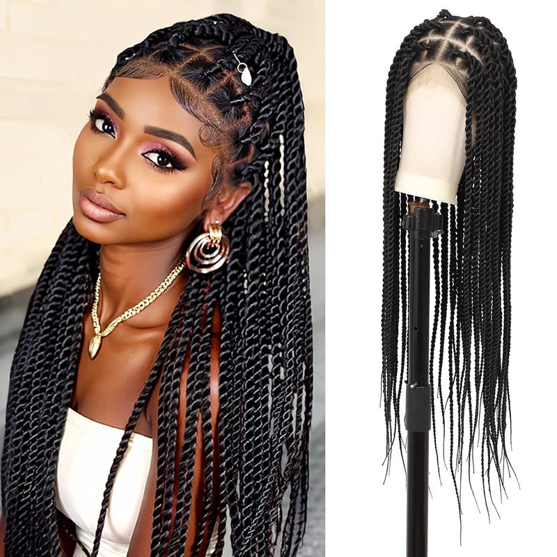 Youthfee Youthfee 360 HD Full Lace Braided Wigs Knotless Twist Braided Wig for Women Braid Lace Front Wig Human Hair Blended Long Black Twist Braid wigs with Baby Hair 36 Inch