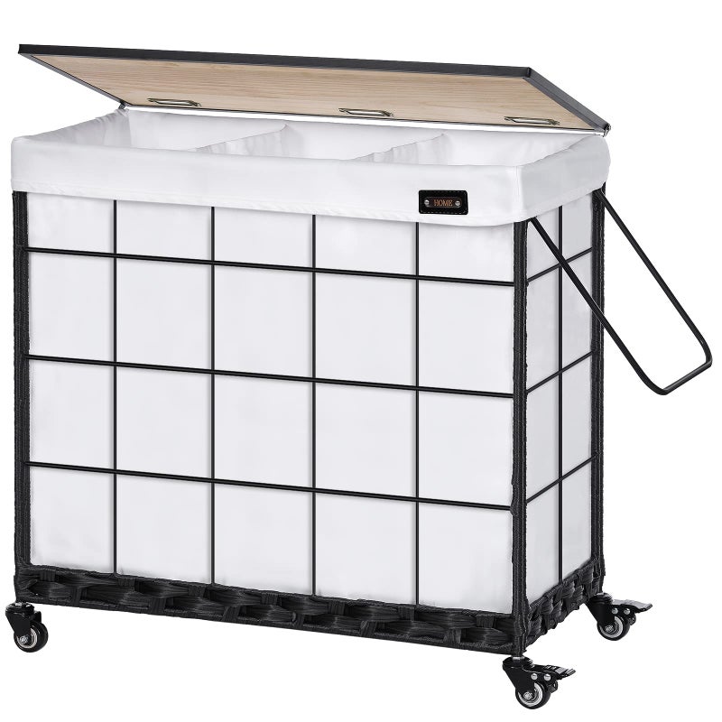 Laundry Hamper with Heavy Duty Caster Wheels 3 Sections Clothes Hamper with Lid 132L Laundry Basket with Removable Liner Bag Laundry Sorter with Metal Handle White