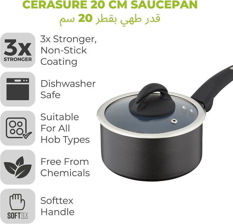 Tower Cerasure 20cm Aluminium Non-Stick Ceramic Saucepan with Tempered Glass Lid & Steam Vent | Bonded Base | PFAS PFOA PTFE Free Saucepot | All Stovetop Compatible | Dishwasher Safe | Graphite Grey - Image 2