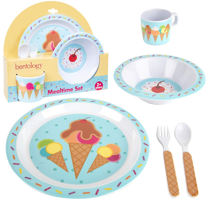 5 Pc Mealtime Baby Feeding Set for Kids and Toddlers  Includes Plate Bowl Cup Fork and Spoon Utensil Flatware  Durable Dishwasher Safe BPA Free  Ice Cream