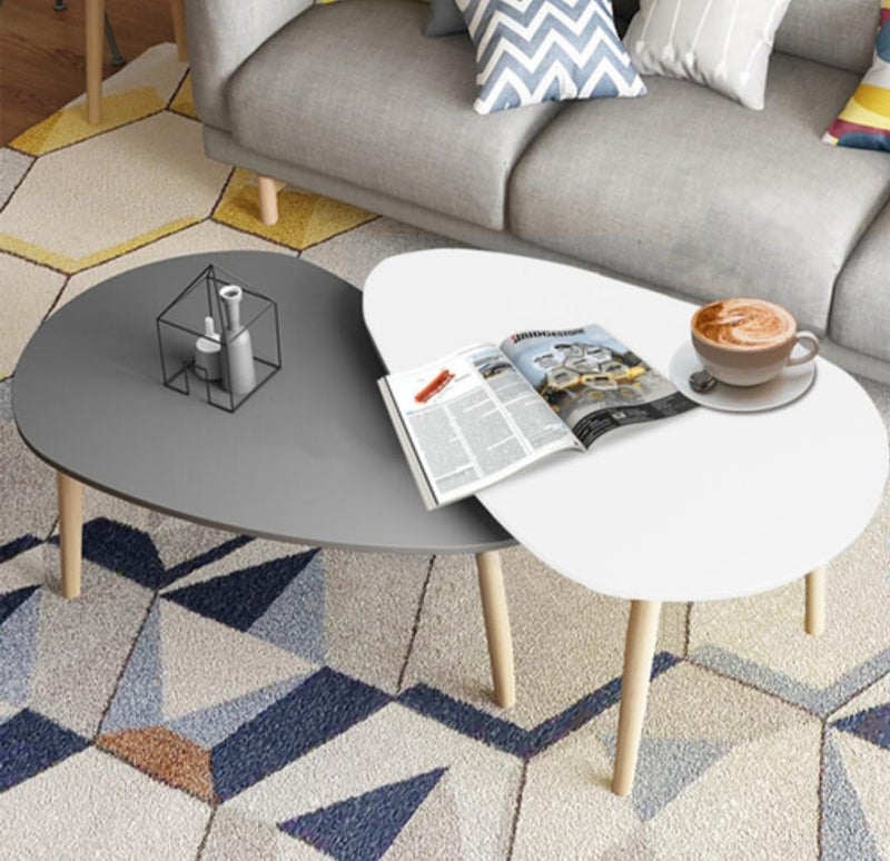 FENDI HOME FendiHome Modern Dual-Tone Nesting Coffee Table Set – 2-Piece White & Grey Teardrop Tables with Natural Wood Legs – Stylish Space-Saving Living Room Accent Furniture - Image 2