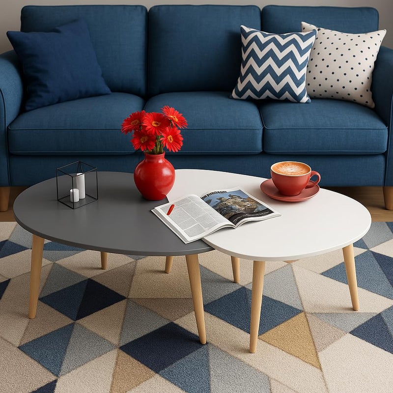 FENDI HOME FendiHome Modern Dual-Tone Nesting Coffee Table Set – 2-Piece White & Grey Teardrop Tables with Natural Wood Legs – Stylish Space-Saving Living Room Accent Furniture - Image 5
