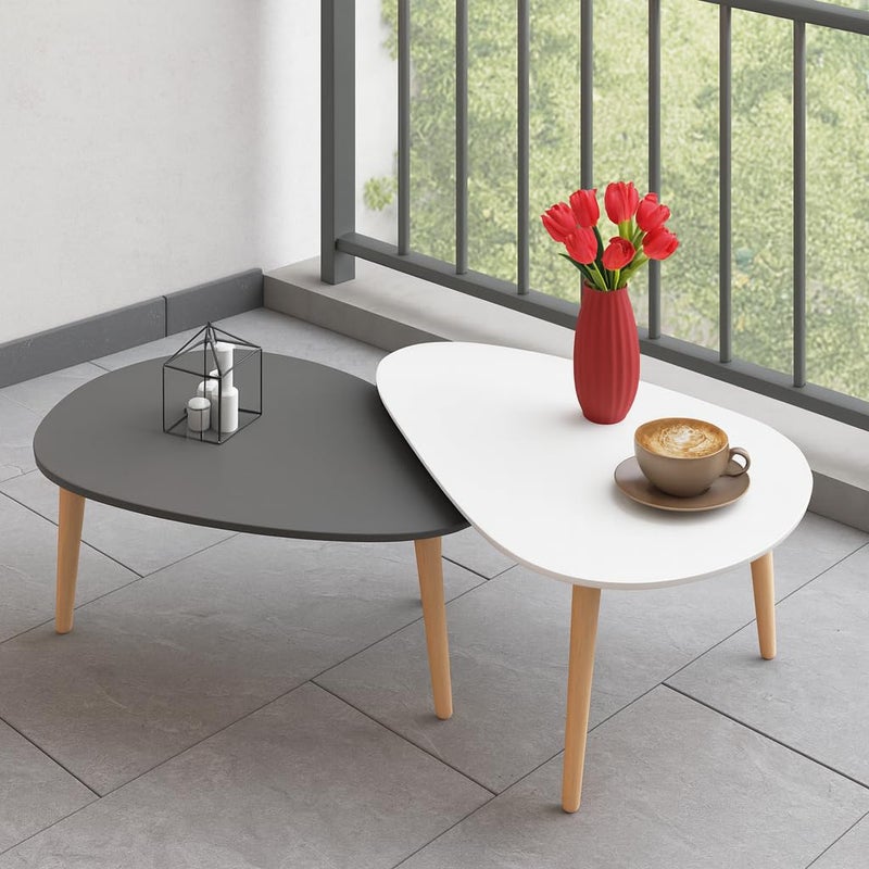 FENDI HOME FendiHome Modern Dual-Tone Nesting Coffee Table Set – 2-Piece White & Grey Teardrop Tables with Natural Wood Legs – Stylish Space-Saving Living Room Accent Furniture - Image 1
