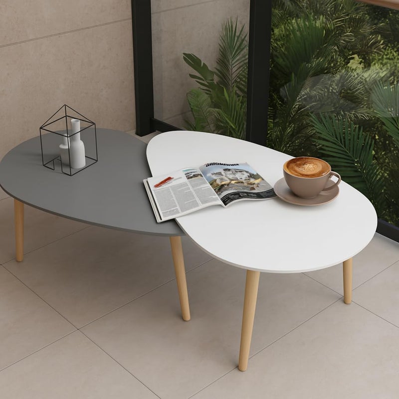 FENDI HOME FendiHome Modern Dual-Tone Nesting Coffee Table Set – 2-Piece White & Grey Teardrop Tables with Natural Wood Legs – Stylish Space-Saving Living Room Accent Furniture - Image 4