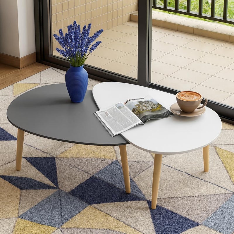 FENDI HOME FendiHome Modern Dual-Tone Nesting Coffee Table Set – 2-Piece White & Grey Teardrop Tables with Natural Wood Legs – Stylish Space-Saving Living Room Accent Furniture - Image 3