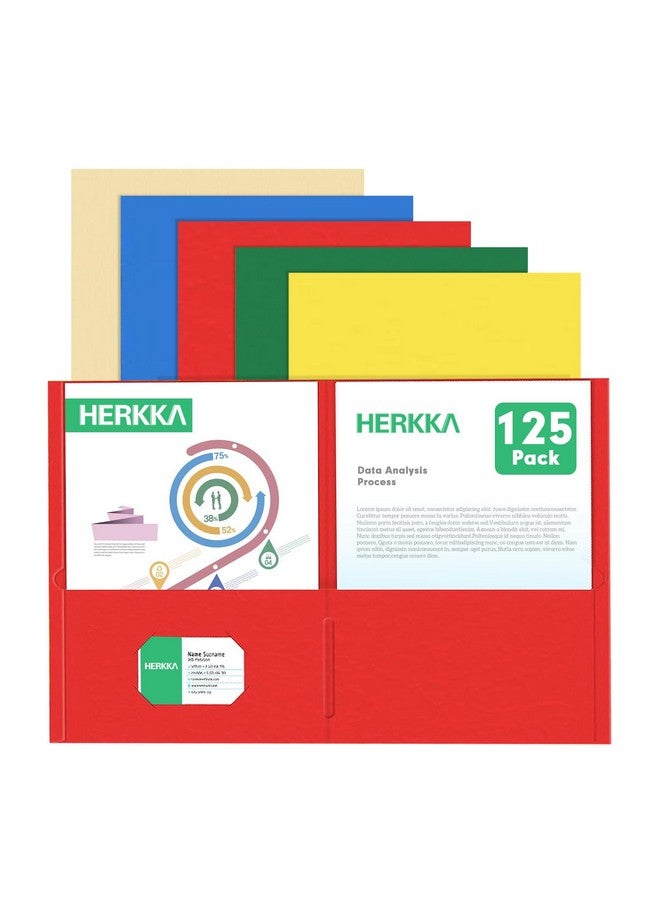 HERKKA Two Pocket Folder Herkka 125 Pack 2 Pocket Folders With Business Card Slot Letter Size Paper Folders Designed For Office And Classroom Use Assorted 5 Colors - Image 1