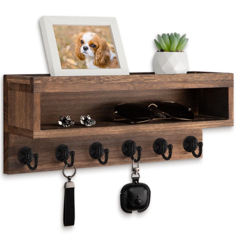 Lucundm Key and Mail Holder Wall Mount, Key Hanger with Long Storage Box and 6 Hooks for Coat, Dog Leash, Home Decor Rack, House Accessories, Entry Way Organizer (Brown) - Image 1