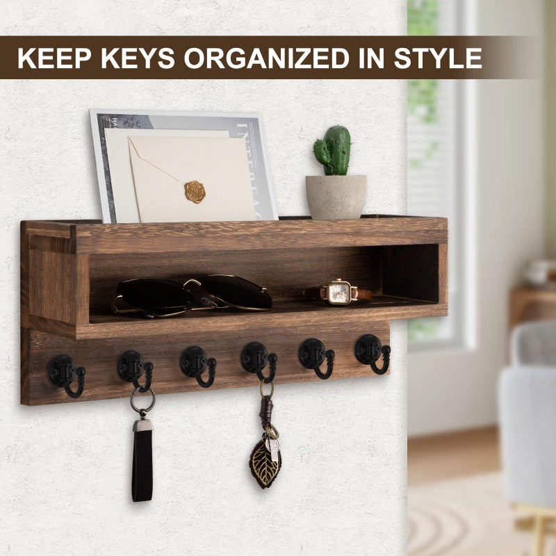 Lucundm Key and Mail Holder Wall Mount, Key Hanger with Long Storage Box and 6 Hooks for Coat, Dog Leash, Home Decor Rack, House Accessories, Entry Way Organizer (Brown) - Image 3