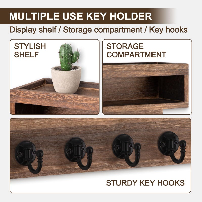 Lucundm Key and Mail Holder Wall Mount, Key Hanger with Long Storage Box and 6 Hooks for Coat, Dog Leash, Home Decor Rack, House Accessories, Entry Way Organizer (Brown) - Image 4