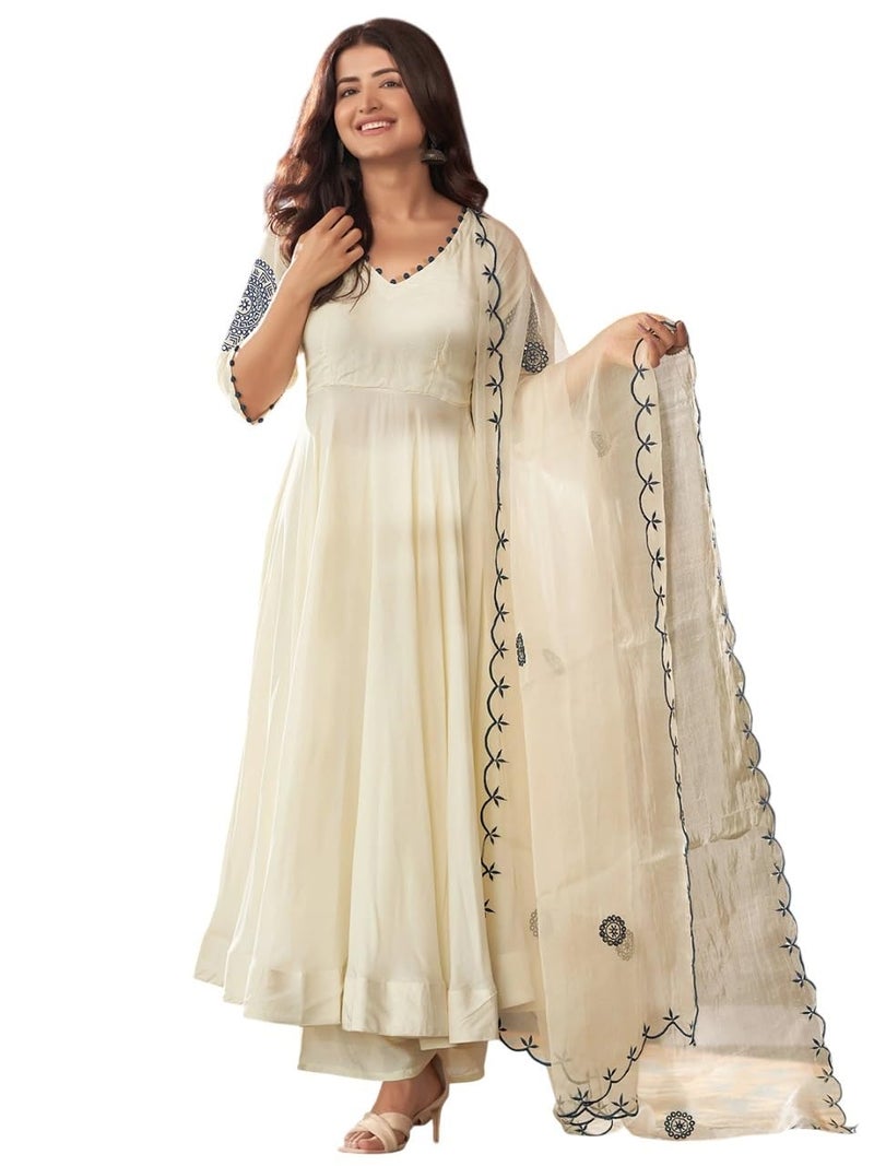 Lilots Women’s Off White Vichitra Silk Embroidered Anarkali Kurta Set with Dupatta - Image 1