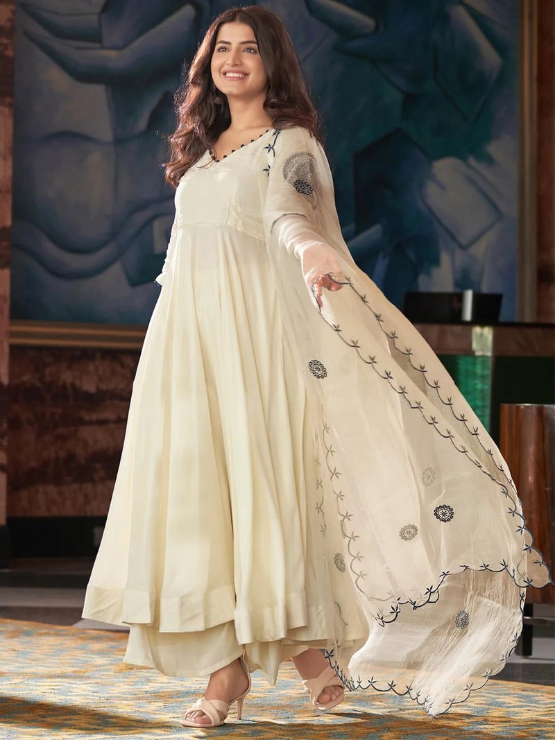 Lilots Women’s Off White Vichitra Silk Embroidered Anarkali Kurta Set with Dupatta - Image 4