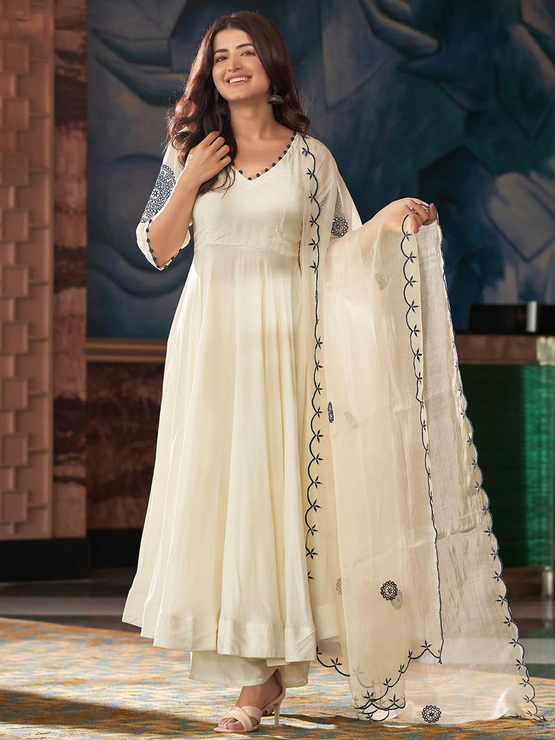 Lilots Women’s Off White Vichitra Silk Embroidered Anarkali Kurta Set with Dupatta - Image 2