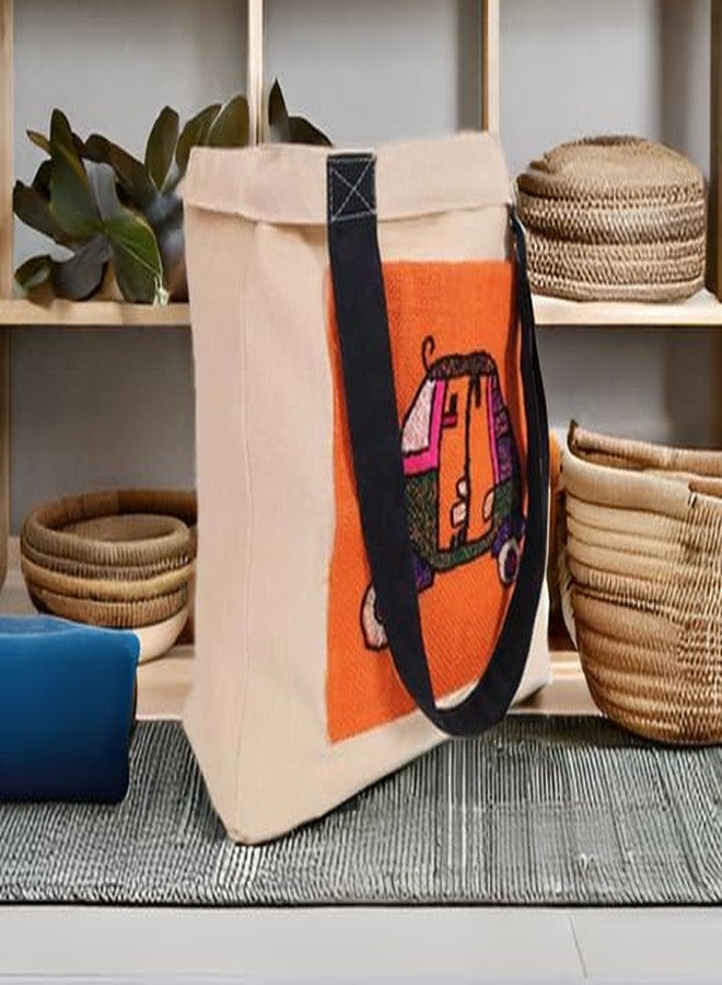 INDHA Auto Rickshaw Embroidered Cotton Canvas Tote Bag - A Stylish and Versatile Bag for Shopping, Everyday Use, and Cultural Flair - Image 4