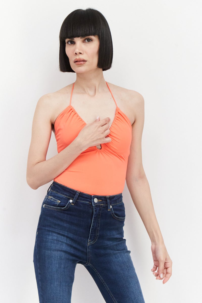 Love Triangle Women Solid Sleeveless Bodysuits, Orange - Image 1