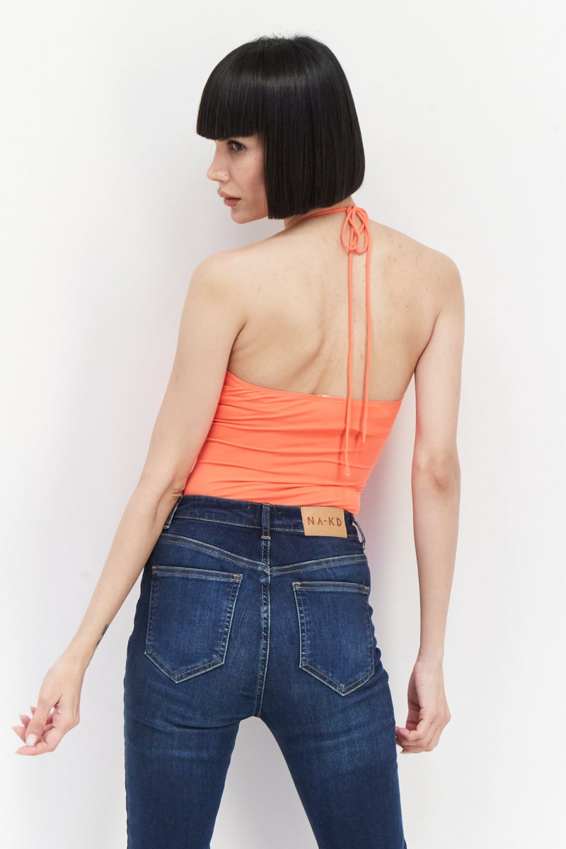 Love Triangle Women Solid Sleeveless Bodysuits, Orange - Image 2