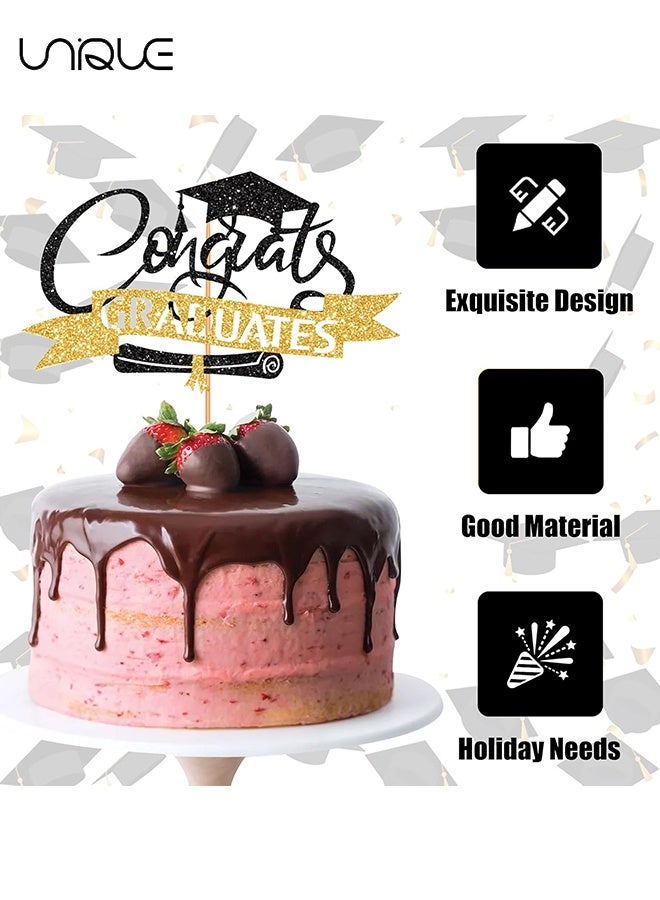 Unique 6PCS Congratulations Graduate Cake Toppers - 2 Styles - Sparkling Graduation Cap Cake Decorations - Graduation Theme Party Supplies - Suitable for Elementary/Middle/High School/College Graduation Parties - Black and Gold - Image 3