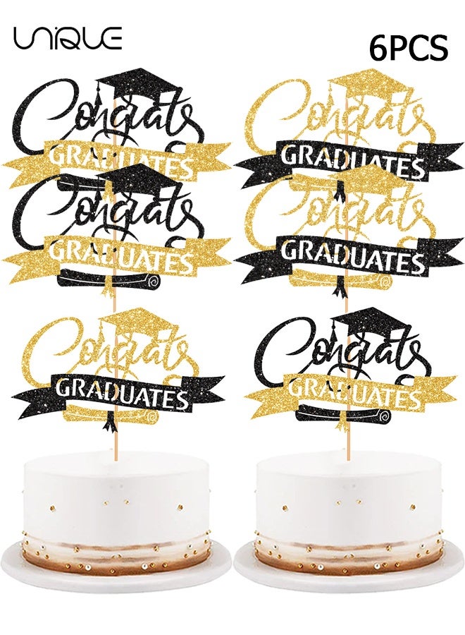 Unique 6PCS Congratulations Graduate Cake Toppers - 2 Styles - Sparkling Graduation Cap Cake Decorations - Graduation Theme Party Supplies - Suitable for Elementary/Middle/High School/College Graduation Parties - Black and Gold - Image 1