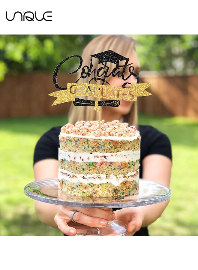 Unique 6PCS Congratulations Graduate Cake Toppers - 2 Styles - Sparkling Graduation Cap Cake Decorations - Graduation Theme Party Supplies - Suitable for Elementary/Middle/High School/College Graduation Parties - Black and Gold - Image 5