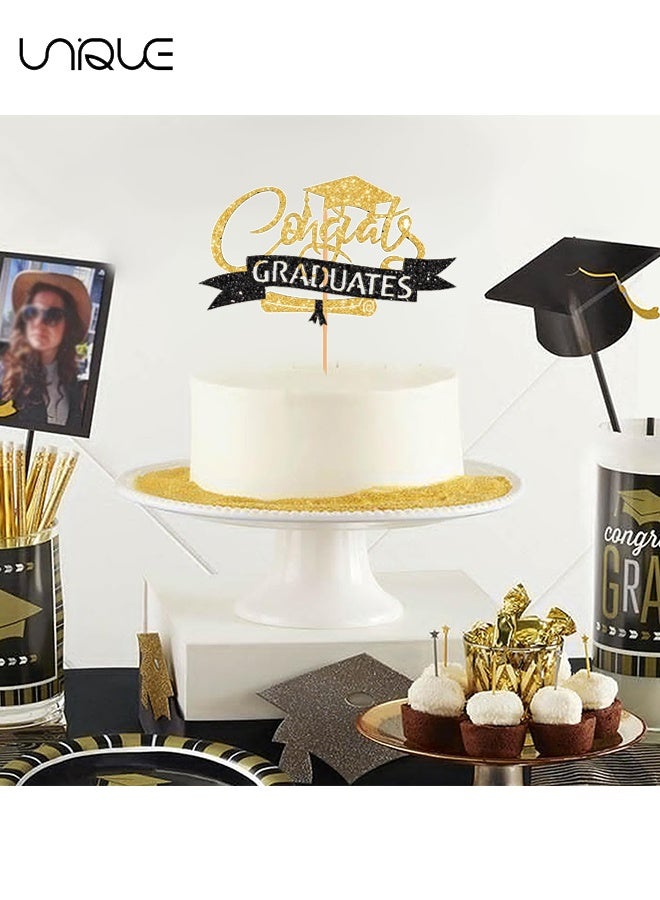 Unique 6PCS Congratulations Graduate Cake Toppers - 2 Styles - Sparkling Graduation Cap Cake Decorations - Graduation Theme Party Supplies - Suitable for Elementary/Middle/High School/College Graduation Parties - Black and Gold - Image 4