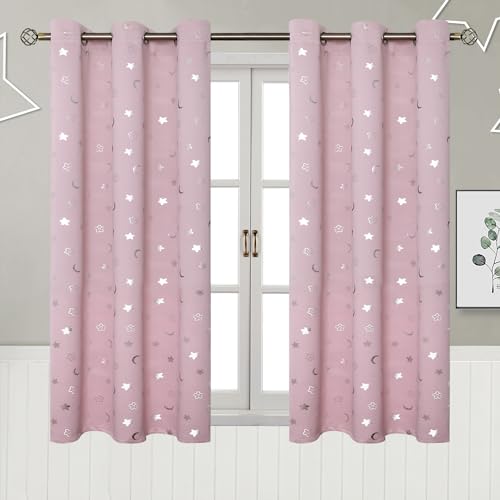 BGment Pink Curtains for Girls Bedroom, Short Star and Moon Blackout Curtains for Nursery, Thermal Insulated Room Darkening Kids Window Curtains with Grommet, 42 W x 54 L, 2 Panels, Light Pink - Image 1