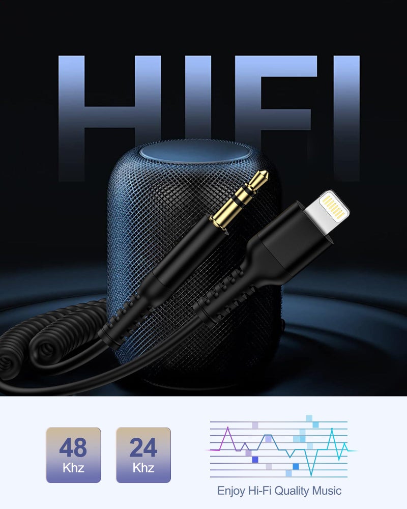Haoano iPhone Aux Cord, Aux to 3.5mm Coiled Lightning Cable Auxiliar Audio Male Cable for iPhone 14 Pro Max 13 12 11 XS XR 8 Plus, Mfi Certified Apple Auxiliary Ox Wire for Car Home Stereo Speaker Headphone - Image 5