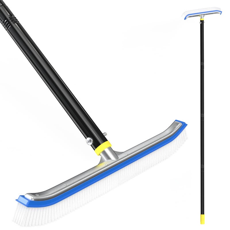 DEROFIT Pool Brush with Pole 8FT Extension Rod 18 Swimming Pool Brush Head Nylon Bristles Polished Aluminum Back with 8FT Adjustable RustFree Pole for Clean Wall Tiles Floor Above Ground Ponds 