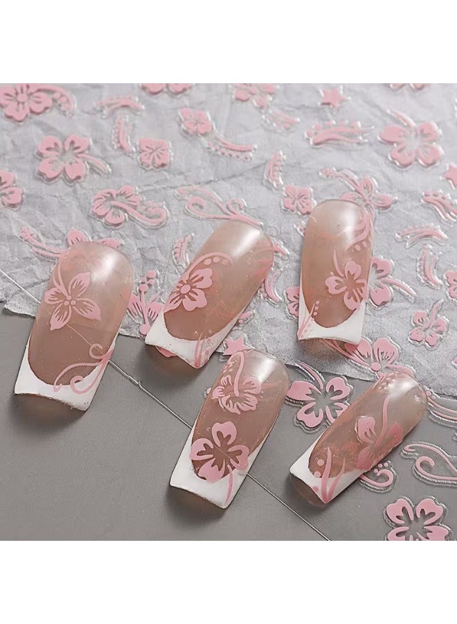 Goolsky 2pcs 3D Hibiscus Flower Nail Stickers, Pink and White Floral Decals for Summer, Matte Finish - Image 3