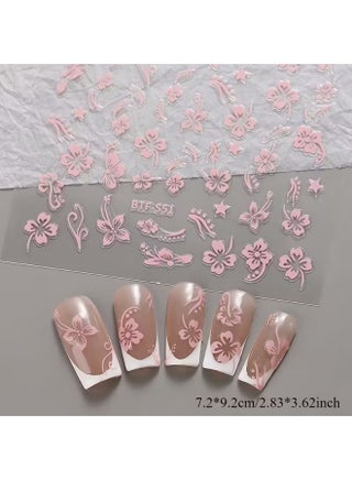 2pcs 3D Hibiscus Flower Nail Stickers, Pink and White Floral Decals for Summer, Matte Finish - view 2