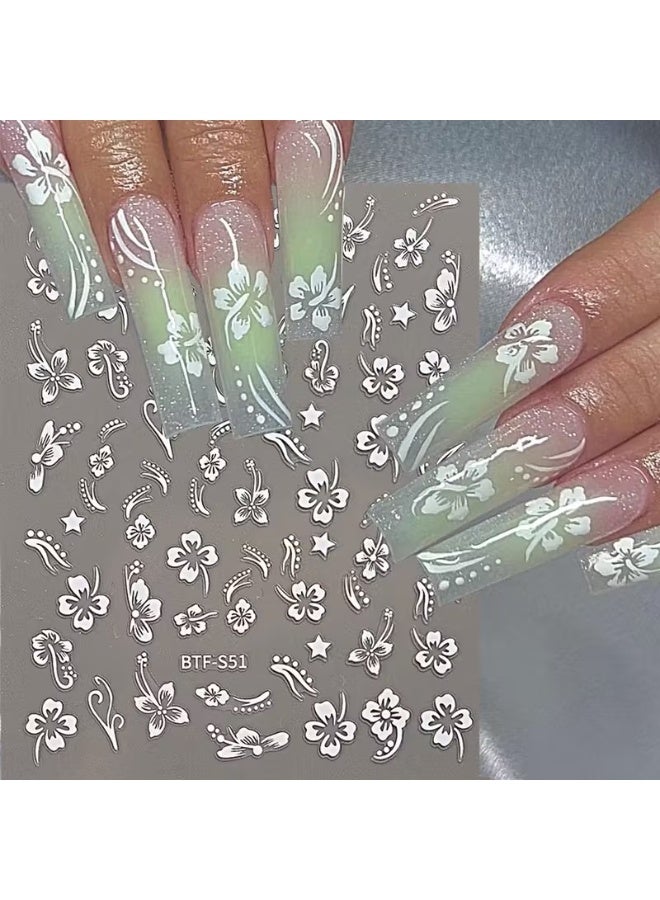 Goolsky 2pcs 3D Hibiscus Flower Nail Stickers, Pink and White Floral Decals for Summer, Matte Finish - Image 1