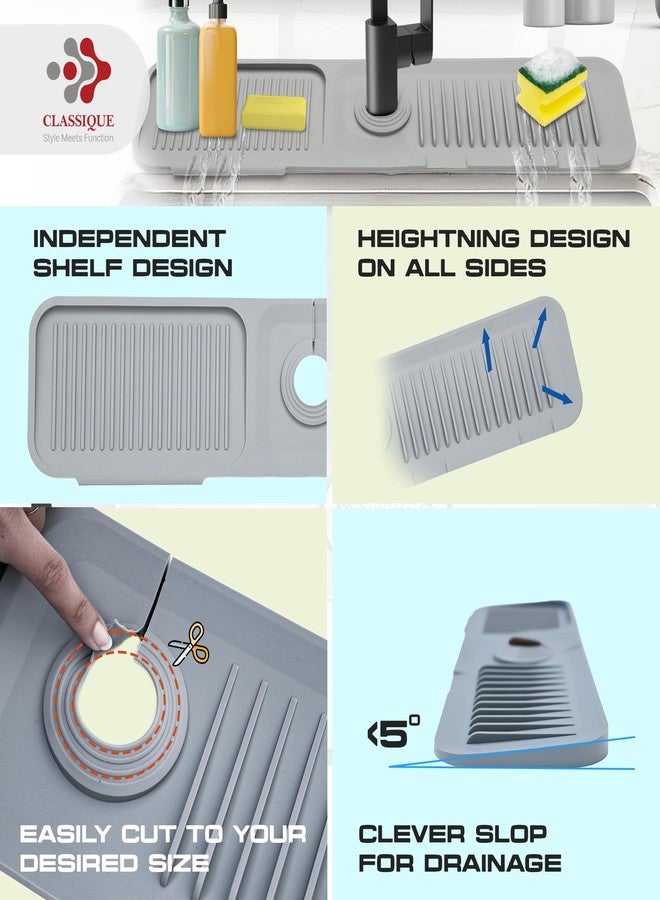 Classique 24 Inch Sink Splash Guard Behind Faucet | Silicone Faucet Mat for Kitchen Sink | 5° Slope Faucet Guard & Draining Mat | Dish Sponge Holder (Grey) - Image 3