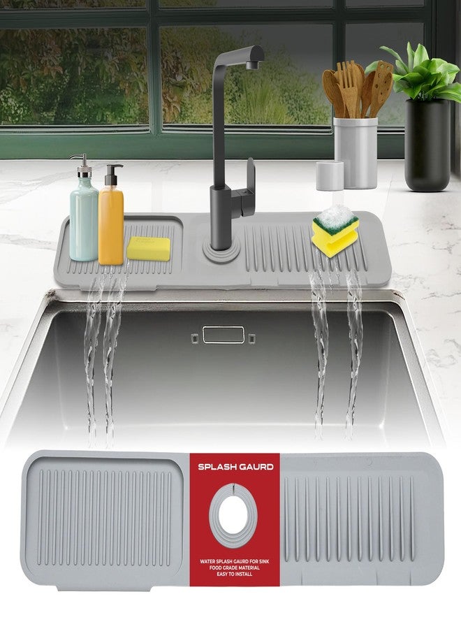 Classique 24 Inch Sink Splash Guard Behind Faucet | Silicone Faucet Mat for Kitchen Sink | 5° Slope Faucet Guard & Draining Mat | Dish Sponge Holder (Grey) - Image 1