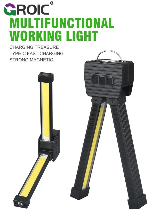 Rechargeable Work Light, Foldable Mechanic Light 7 Modes, Two in One, LED Magnetic Work Flashlights with Hanging Hook for Camping/Car Repair/Garage/Workshop/Emergency