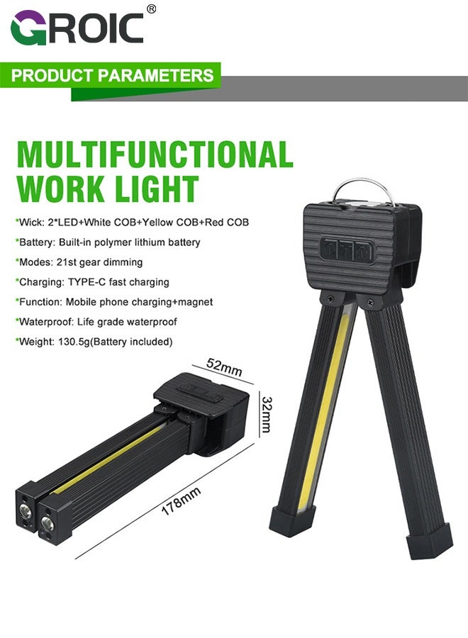 Rechargeable Work Light, Foldable Mechanic Light 7 Modes, Two in One, LED Magnetic Work Flashlights with Hanging Hook for Camping/Car Repair/Garage/Workshop/Emergency