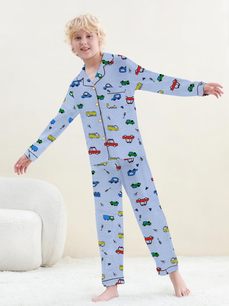 Umeyda Boys Pajamas Set Kids Soft Long Sleeve Top and Pants Sleepwear 2 Pcs Button-Up Comfy Pjs Set, Light Blue Car, for Ages 9-10 Years = Tag 150 - Image 3