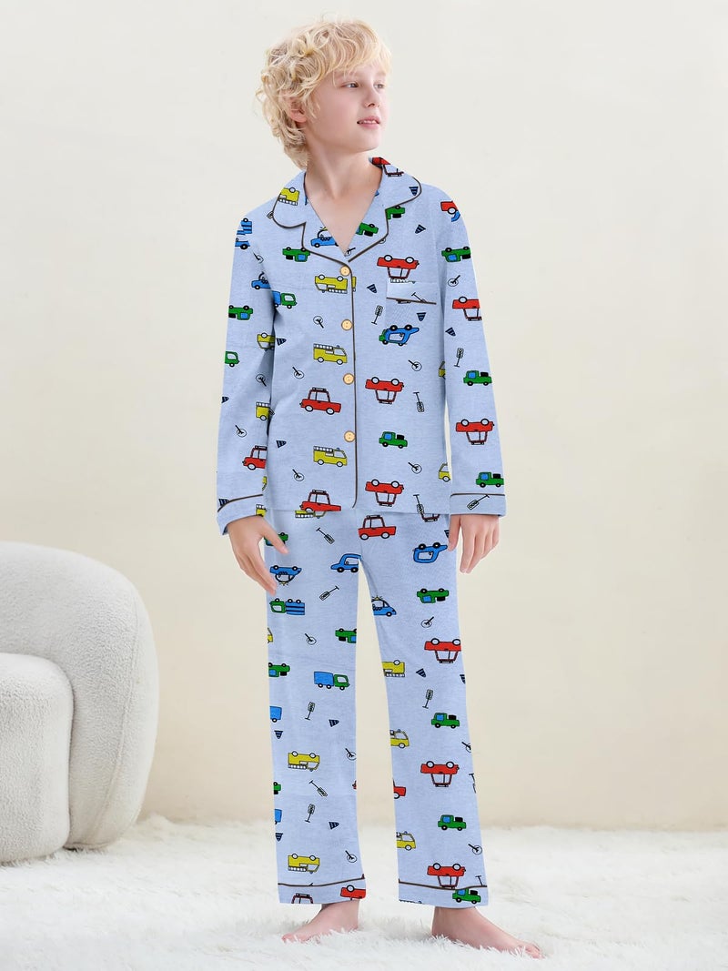 Umeyda Boys Pajamas Set Kids Soft Long Sleeve Top and Pants Sleepwear 2 Pcs Button-Up Comfy Pjs Set, Light Blue Car, for Ages 9-10 Years = Tag 150 - Image 4