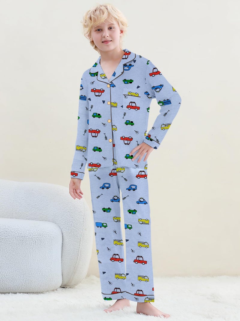 Umeyda Boys Pajamas Set Kids Soft Long Sleeve Top and Pants Sleepwear 2 Pcs Button-Up Comfy Pjs Set, Light Blue Car, for Ages 9-10 Years = Tag 150 - Image 2