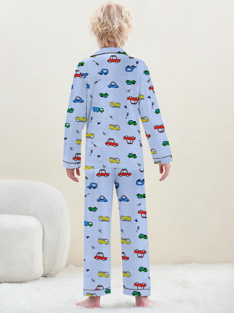 Umeyda Boys Pajamas Set Kids Soft Long Sleeve Top and Pants Sleepwear 2 Pcs Button-Up Comfy Pjs Set, Light Blue Car, for Ages 9-10 Years = Tag 150 - Image 5