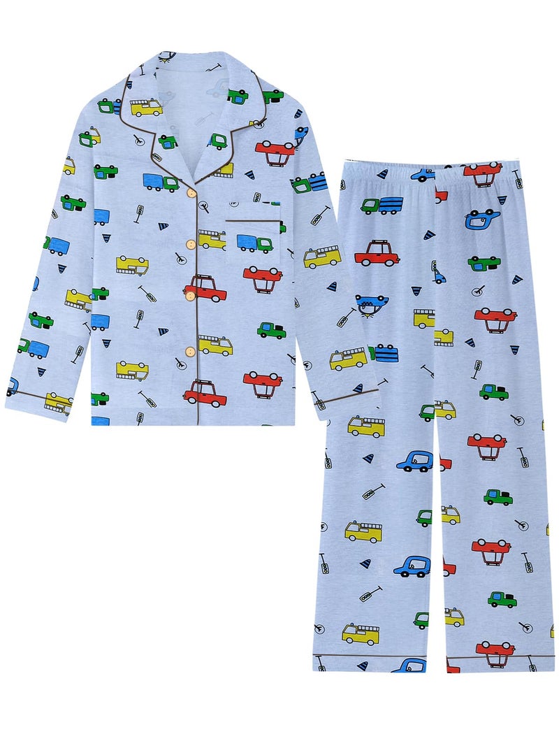 Umeyda Boys Pajamas Set Kids Soft Long Sleeve Top and Pants Sleepwear 2 Pcs Button-Up Comfy Pjs Set, Light Blue Car, for Ages 9-10 Years = Tag 150 - Image 1