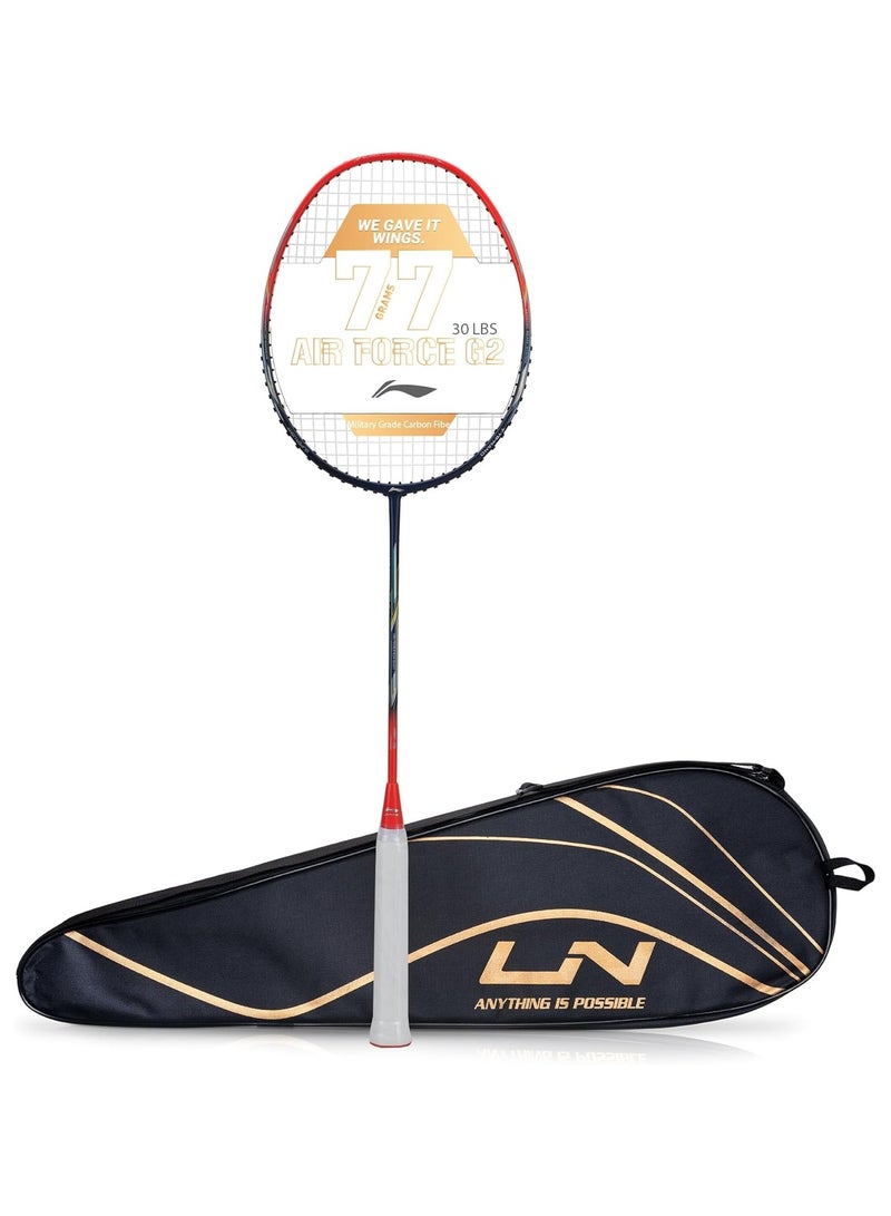 لي-نينج Li-Ning Air Force G2 - 77 مضرب كرة الريشة من ألياف الكربون مع غطاء كامل للمضرب | للاعبين المتوسطين | 77 جرامًا | الحد الأقصى لشد السلسلة - 30 رطلاً - Image 1