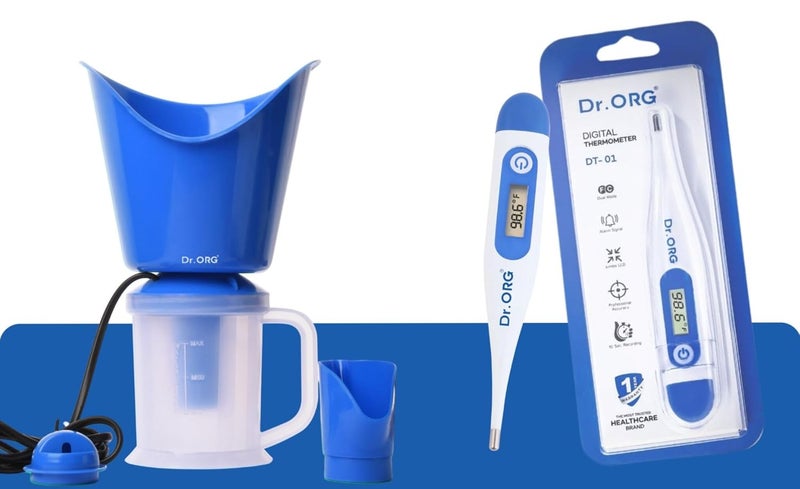 Dr. ORG 3 in 1 steamer for cold and cough (BLUE) & Digital Thermometer (BLUE) vaporizer steamer for FACIAL Professional Facial Steamer (120 W) - Image 1
