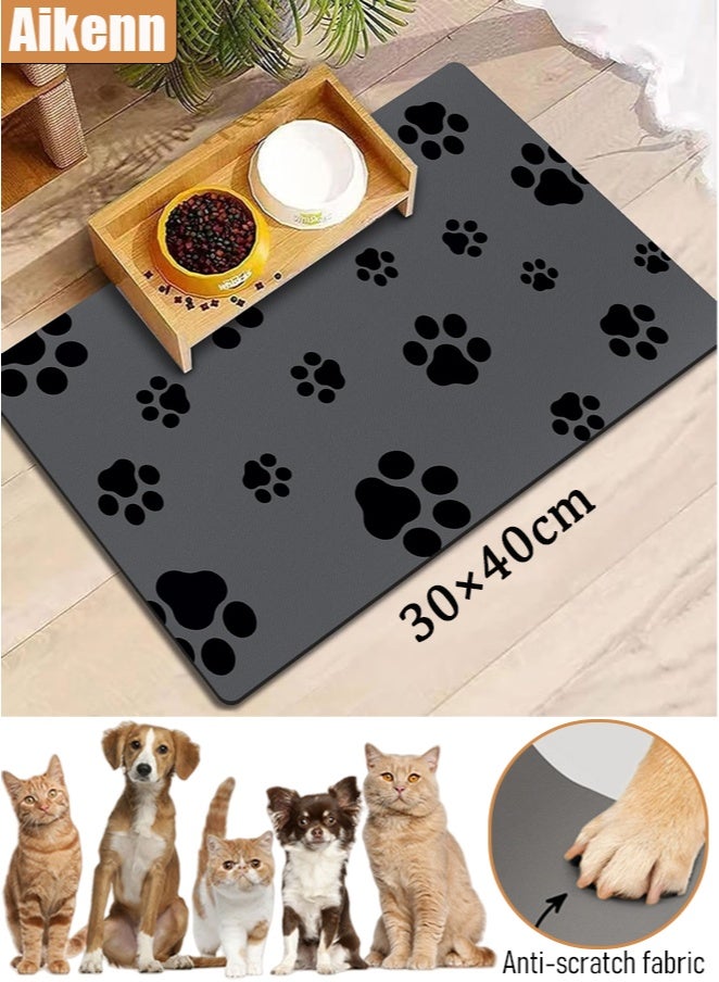Aikenn 30×40cm Pet Feeding Mat Dog Food Mat-Absorbent Dog Mat for Food and Water, No Stains Quick Dry Cat Food Bowl Mat with Footprints for Messy Drinkers,Grey - Image 1