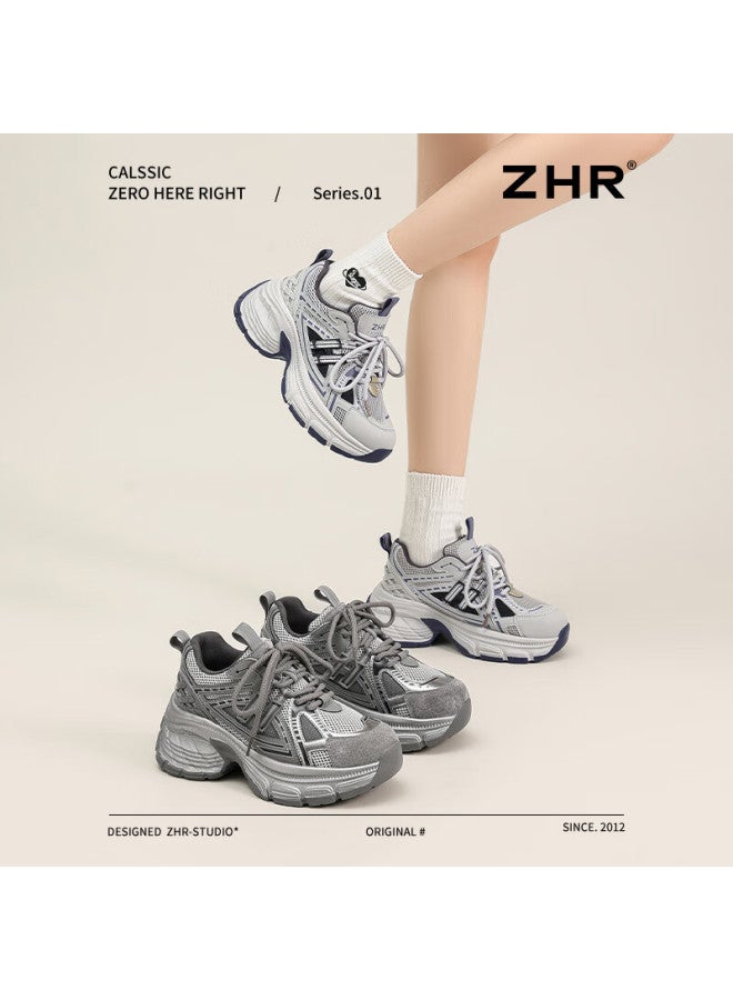 Zhr Women's Chunky Sneakers Platform Height Increasing Casual Shoes Retro Versatile Lightweight Sports Shoes Qt20 Gray Size 39 - Image 4