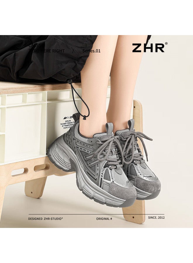 Zhr Women's Chunky Sneakers Platform Height Increasing Casual Shoes Retro Versatile Lightweight Sports Shoes Qt20 Gray Size 39 - Image 3