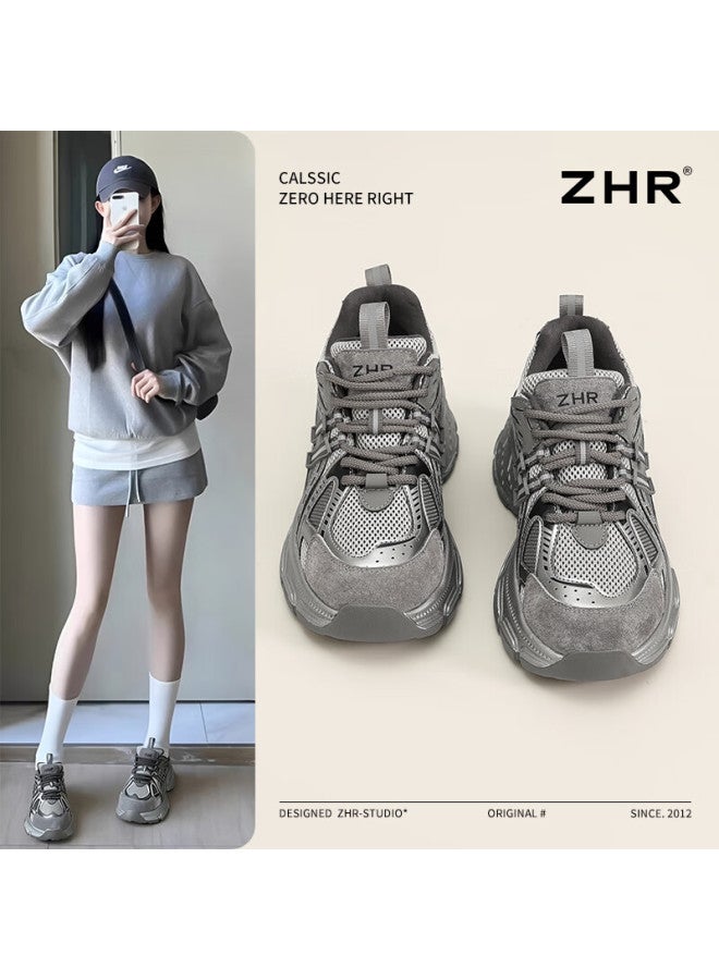 Zhr Women's Chunky Sneakers Platform Height Increasing Casual Shoes Retro Versatile Lightweight Sports Shoes Qt20 Gray Size 39 - Image 5