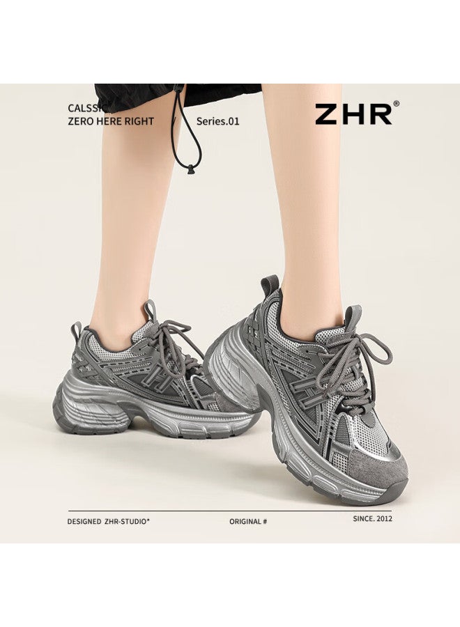 Zhr Women's Chunky Sneakers Platform Height Increasing Casual Shoes Retro Versatile Lightweight Sports Shoes Qt20 Gray Size 39 - Image 1