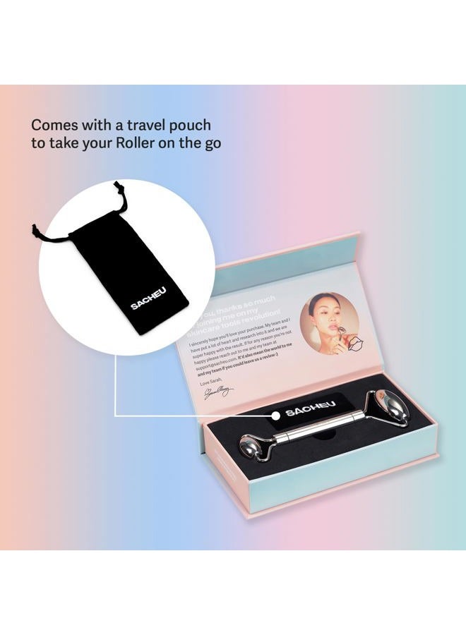 Sacheu Stainless Steel Face Roller Skin Care and Lymphatic Drainage. Cooling Metal Roller for Puffiness, Wrinkles, and Face Lifting. Dual-Sided Facial and Eye Massager, Includes Travel Pouch  - Image 2